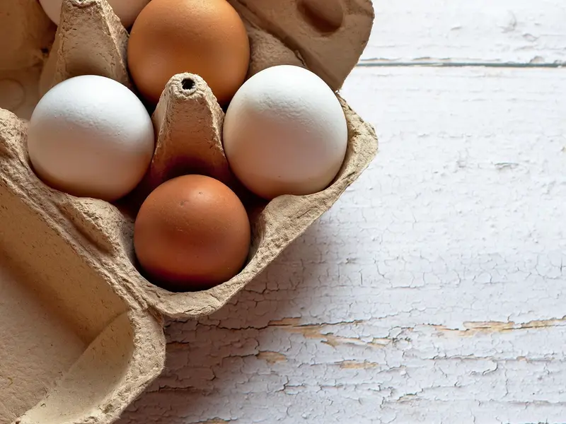 Huevos blancos y morenos en una huevera de cartón
