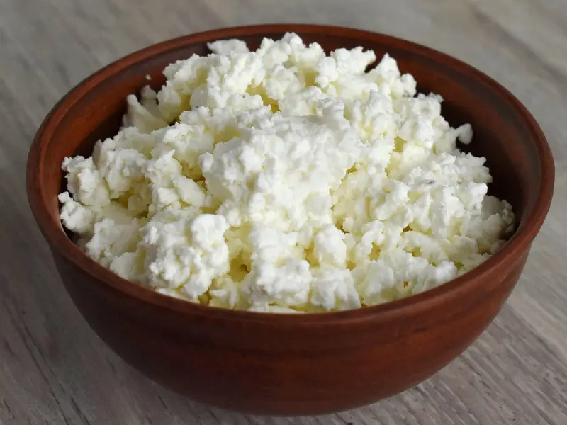 Cuenco de barro con queso cottage