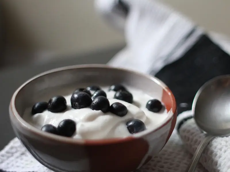 Cuenco de yogur natural con unos arándanos por encima