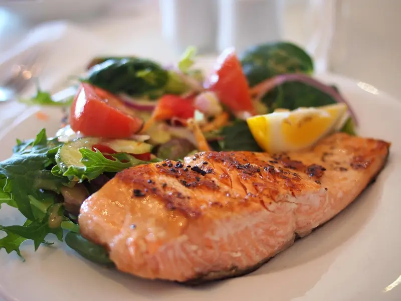 Salmón con verduras en un plato