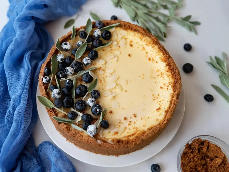 Tarta de queso entera con arándanos por encima